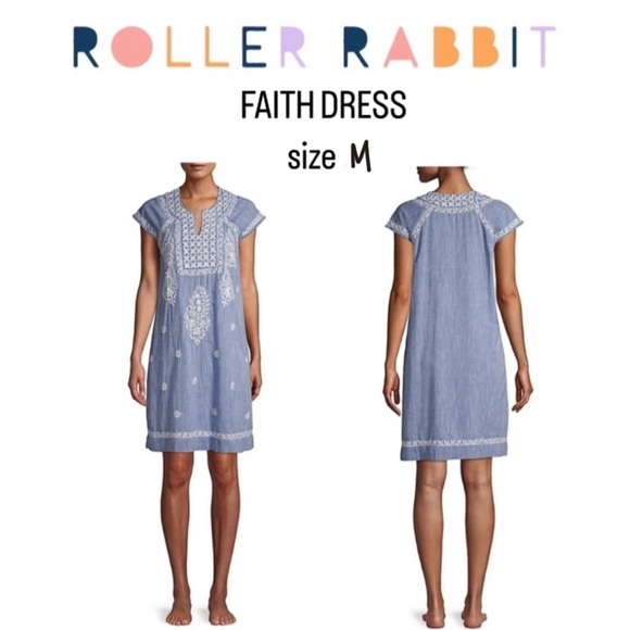 Roller Rabbit Faith Dress Blue Chambray Embroidered Sheath Womens Size Medium - Picture 13 of 13